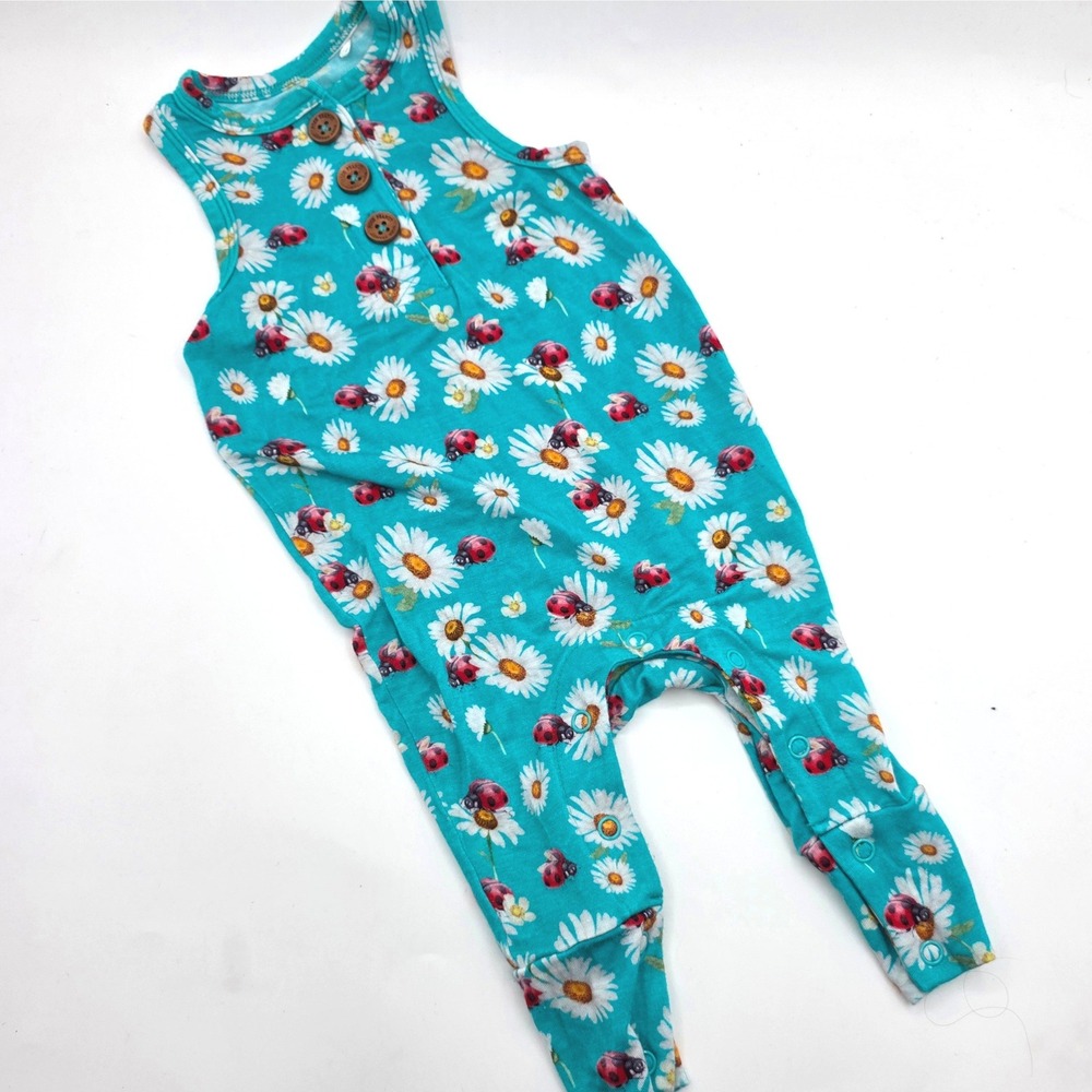Posh‎ Peanut Sleeveless Romper Teal Daisy Ladybug Bamboo 0-3 Months